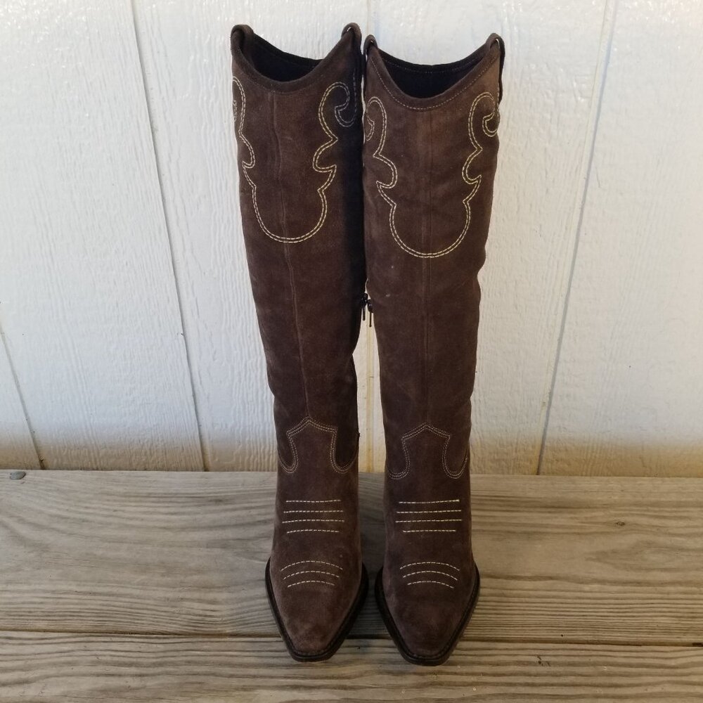 Via Spiga Womens Brown Suede Leather Stacked Heel Boots 7 M Brazil - Picture 11 of 13